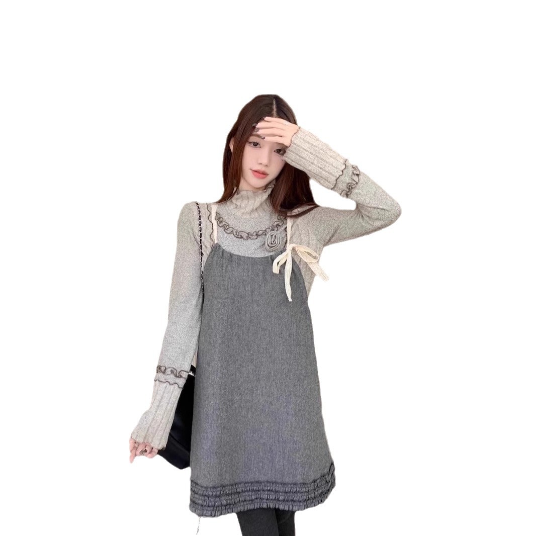 LO990v6 Sweet Girl Suit Gray Turtleneck Bottoming Shirt Women's Winter Suspender Dress Two-piece Suit