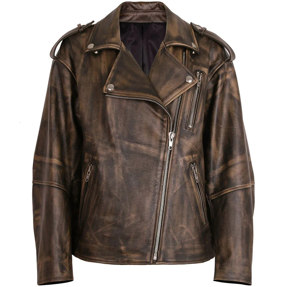 YOLOAgain 2023 Autumn Oversized Vintage Moto Biker Leather Jacket Women High Quality Real Ladies 241225