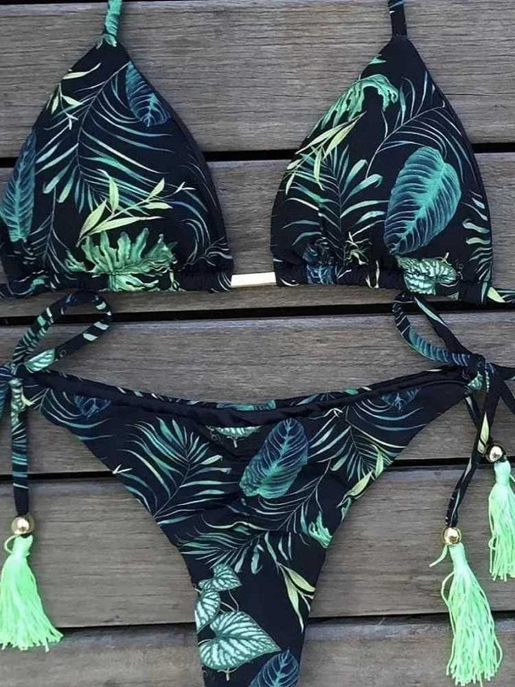 OIINAA Womens Swimsuit Sexy Printed Swimsuit Lace Bikini Set Woven Rope Two Piece Summer Womens Biquinis New Beach WearW241225