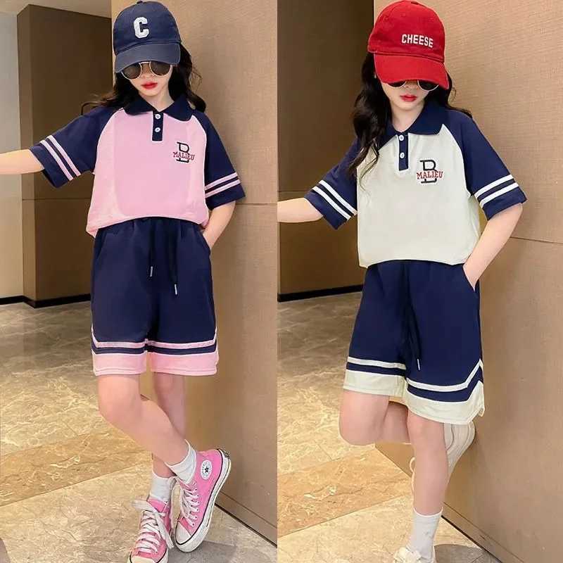 Clothing Sets Summer Teenage Girls Clothes Set Children Girl Lapel Letter Tshirts and Shorts 2pc Suit Kid Striped Top Bottom Outfits TracksuitY241225A