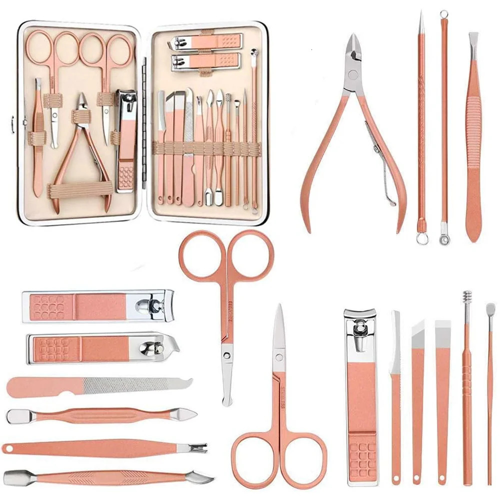 18Pcs Nail Clipper Set Manicure Pedicure Kit Stainless Steel Nippers Trimmer Care Tool Portable PU Case Rose Gold Letter Pattern 241225
