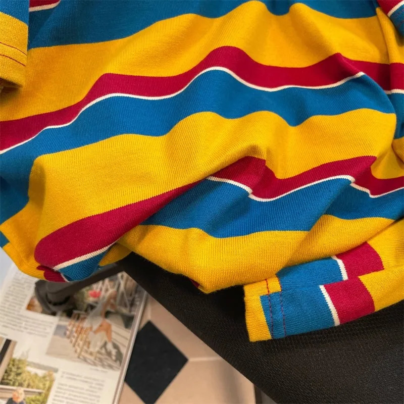 Sense Niche Chic Striped Contrasting Short-sleeved T-shirts Men Women Summer Retro American Fashion Vintage Shoulder Tops 241224