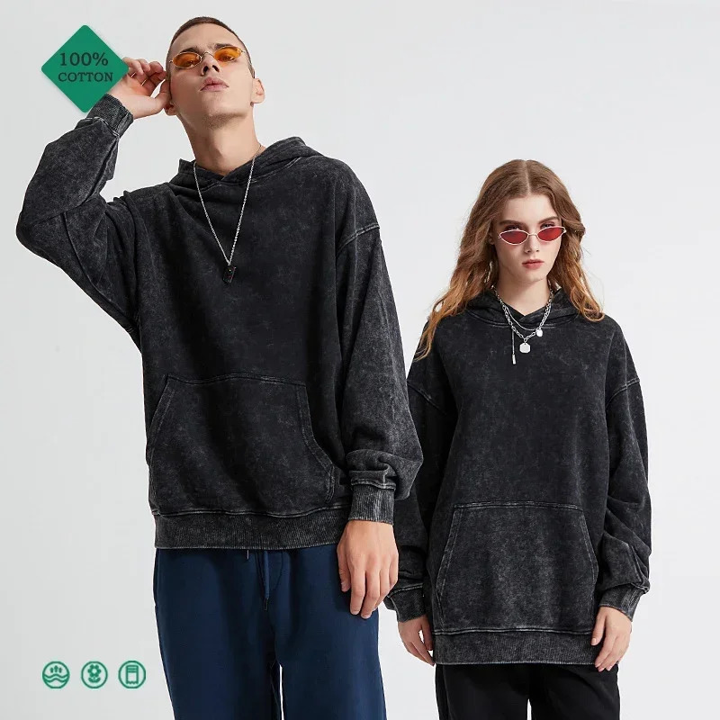 HAI Customizable Retro Washed Hoodies 100% Cotton Tops Black Acid Vintage Hooded Sweatshirts Oversize Hip Hop Male Pullover 241220