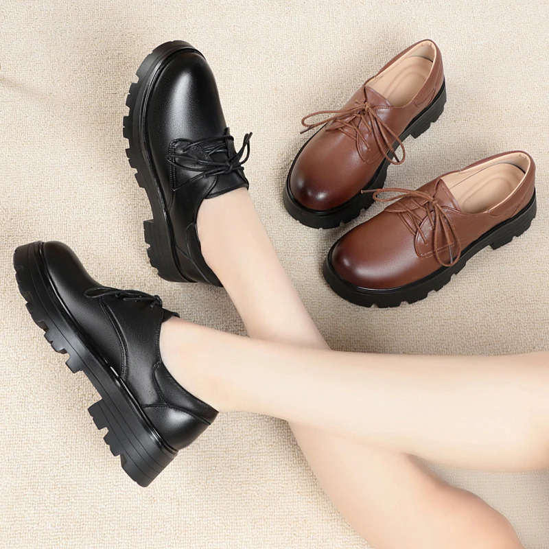 AIYUQI Women's Shoes Large Size Autumn Genuine Leather Lace Female Loafers Thick Bottom Female Oxford Shoes