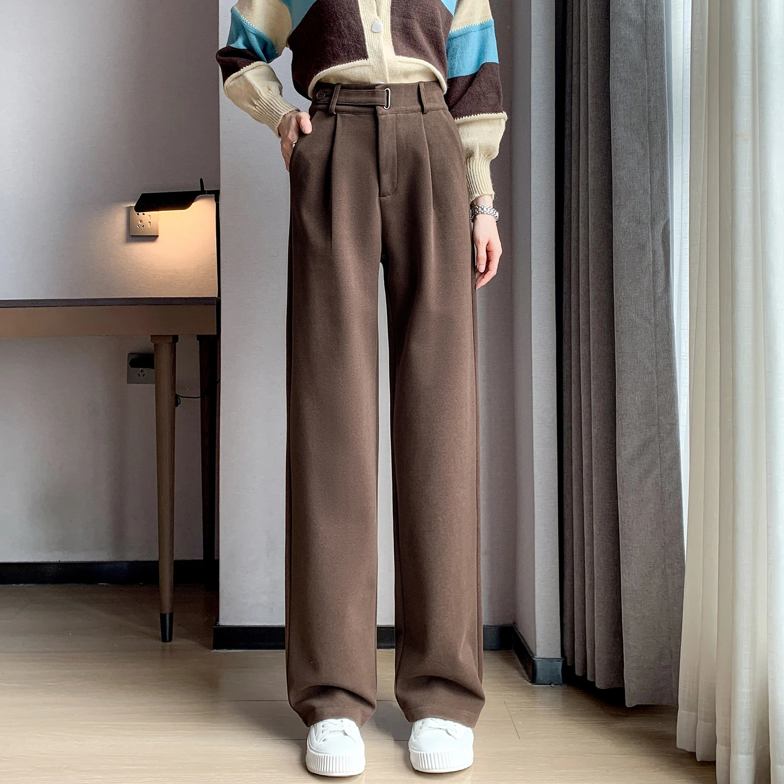 Seoulish Autumn Winter Thicken Woolen Casual Loose Full Length Pants 2023 Button High Waist Chic Wide Leg Trousers Female 241225