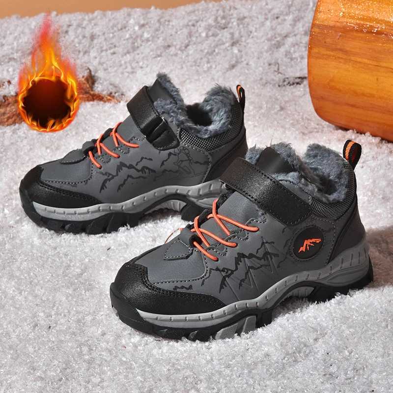 Athletic Outdoor Plush Children Shoes Boy Snow Boots Warm Cotton Kids Winter Shoes Leather Non-slip Sports Outdoor Boy Sneaker Short Boots H241223