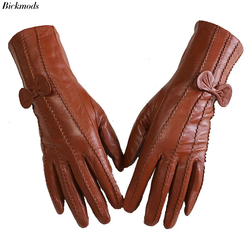 Leather Sheepskin Gloves Womens Mid-Length Stripes Plus Velvet Warm Autumn and Winter Windproof 241225