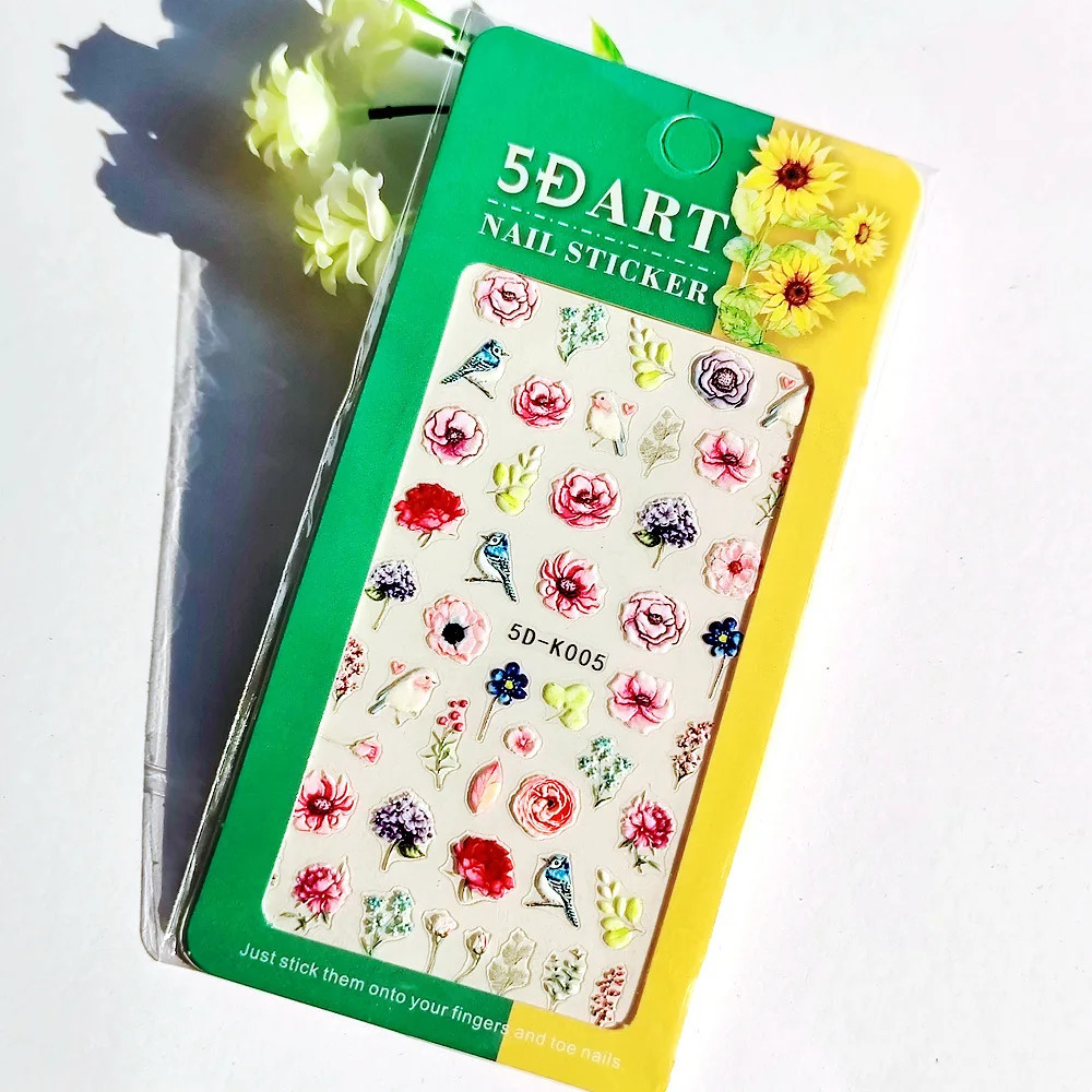 10PCS Plant Totem Nail Art Stickers Chrysanthemum White Nail Art Decorative Decals 5D Glue Back Butterfly Cat Dog Nail Slider 241225