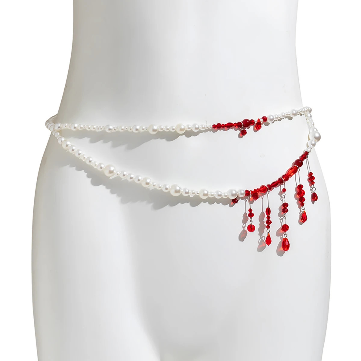 Salircon Punk Pearl Double Layer Waist Chain Gothic Red Crystal Bead Pendant Belly Chain Women Sexy Trend Body Jewelry 241225