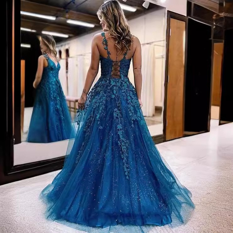 Dark Sexy Blue Prom Dress For Black Girls Sparkly Straps V Neck Lace Appliques Sequins Birthday Party Dresses Evening Formal Gowns Robe De Soiree es m