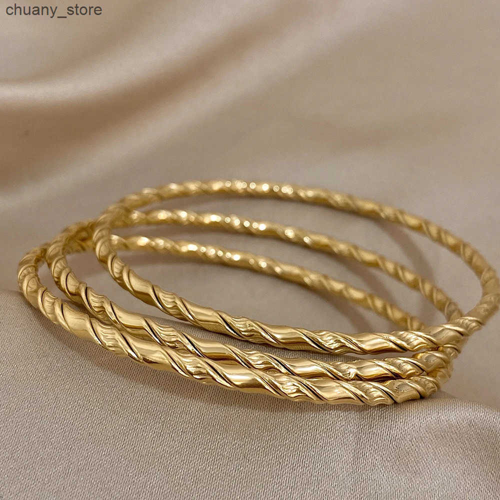 Chain 3pcs Gold Color Twist Stainless Steel Bangle Chic Classic Tibetan Buddha Golden Stacked Bangles For Women L240910