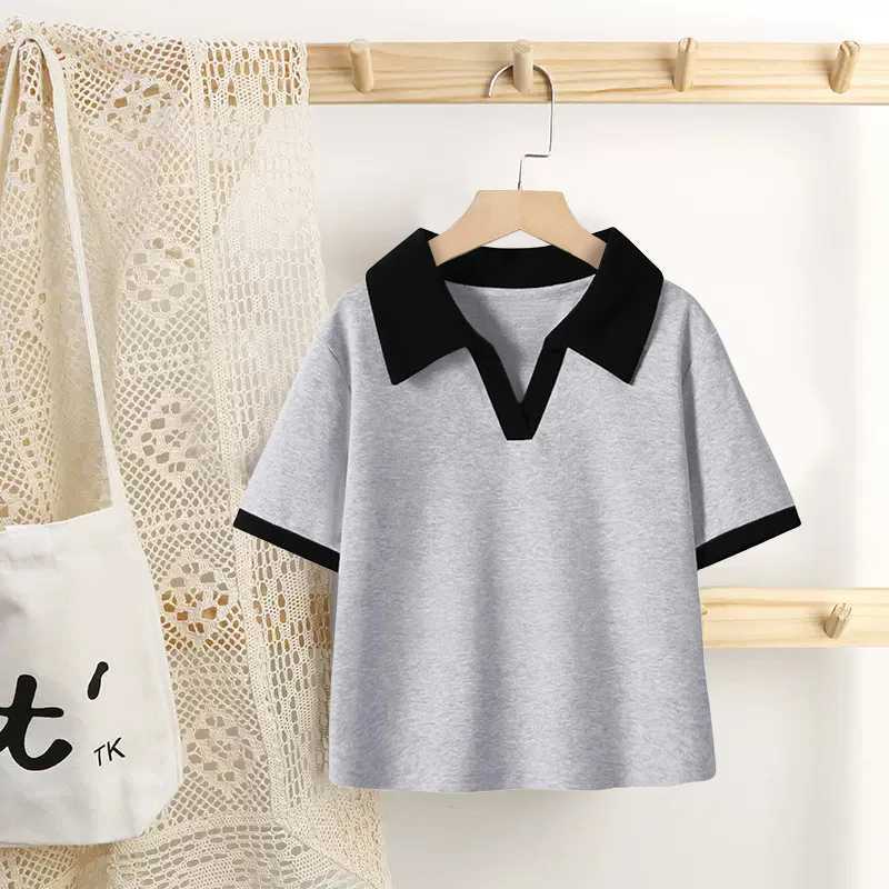 Girls polo shirt top Summer 2024 hot girl baby childrens T-shirt lapel short-sleeved T-shirt solid color V-neck top 1-10 yearsXJ241225