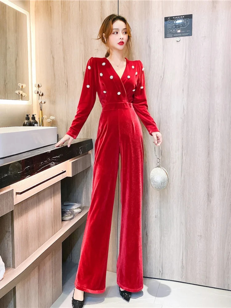 HMA Autumn Winter Button Decoration Velvet Jumpsuit Womens Slimming Waist Temperament Rompers 241224