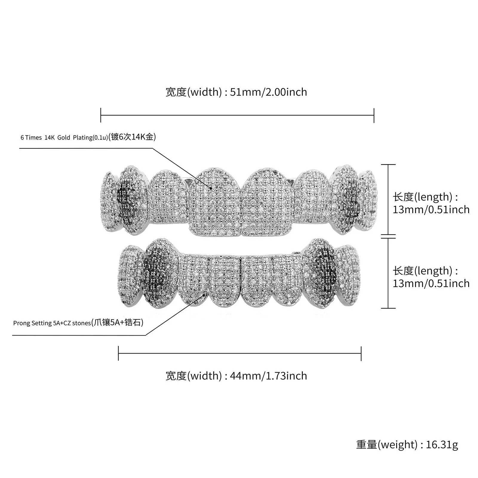 YOUNGX 8/8 Full d Out CZ Stone Dollar Teeth Grillz 14K Gold Plated Zircon Tooth Cs For Women Men Jewelry CosplayXJ241225