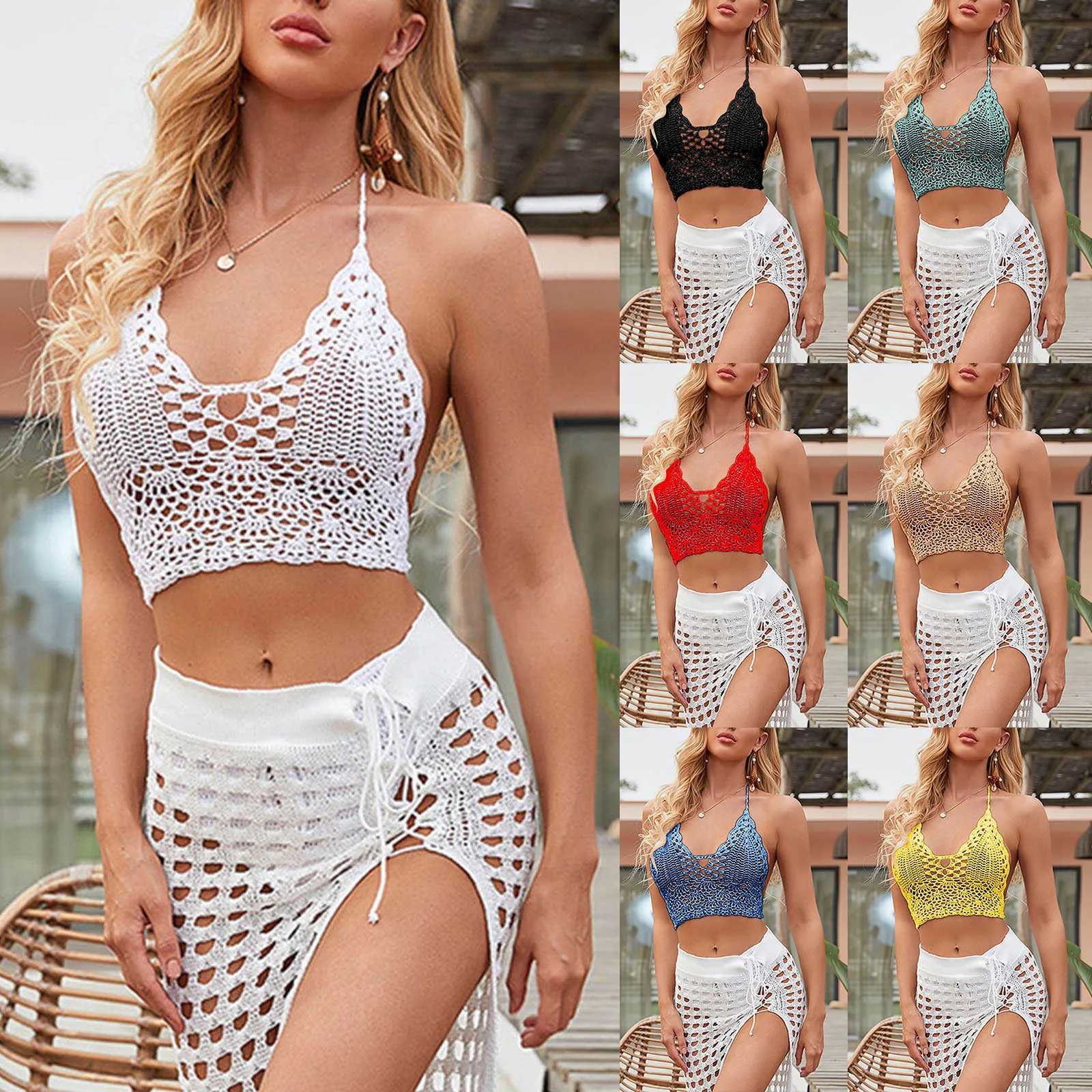 Womens swimsuit shorts set womens casual solid color beach style hollow womens bikini swimsuit coverW241225