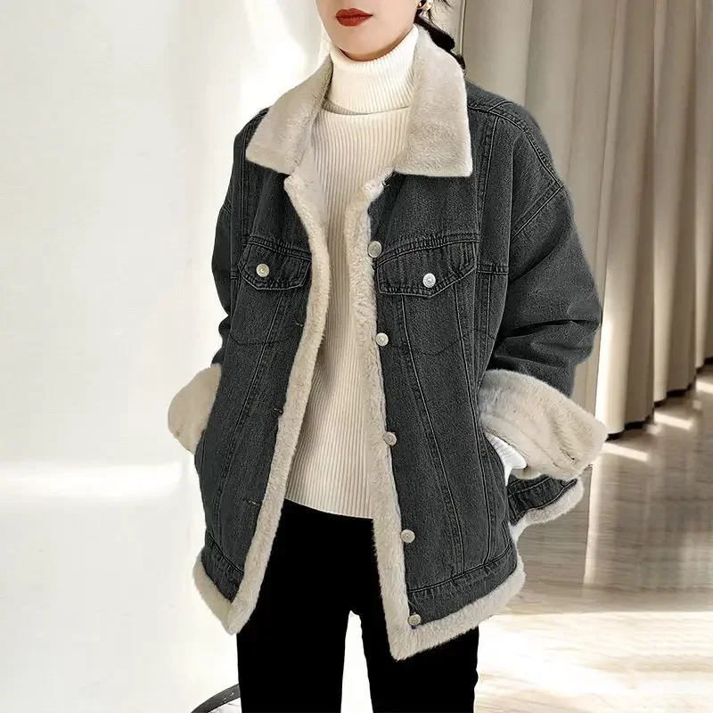 Outerwear Wool Inside Patchwork Padded Denim Jacket for Women Winter Cold Long Trench with Fur Plush Warm Woman Jean Coat 241220