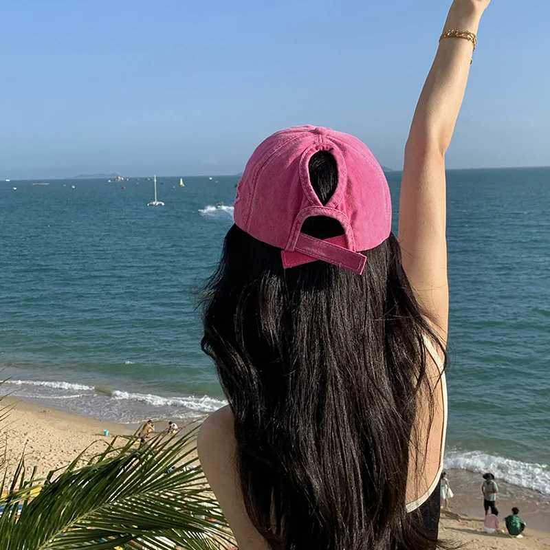 Punk hole star baseball cap womens retro washed cotton Y2K pink snap toe cap outdoor sports ponytail hanging hat W241225