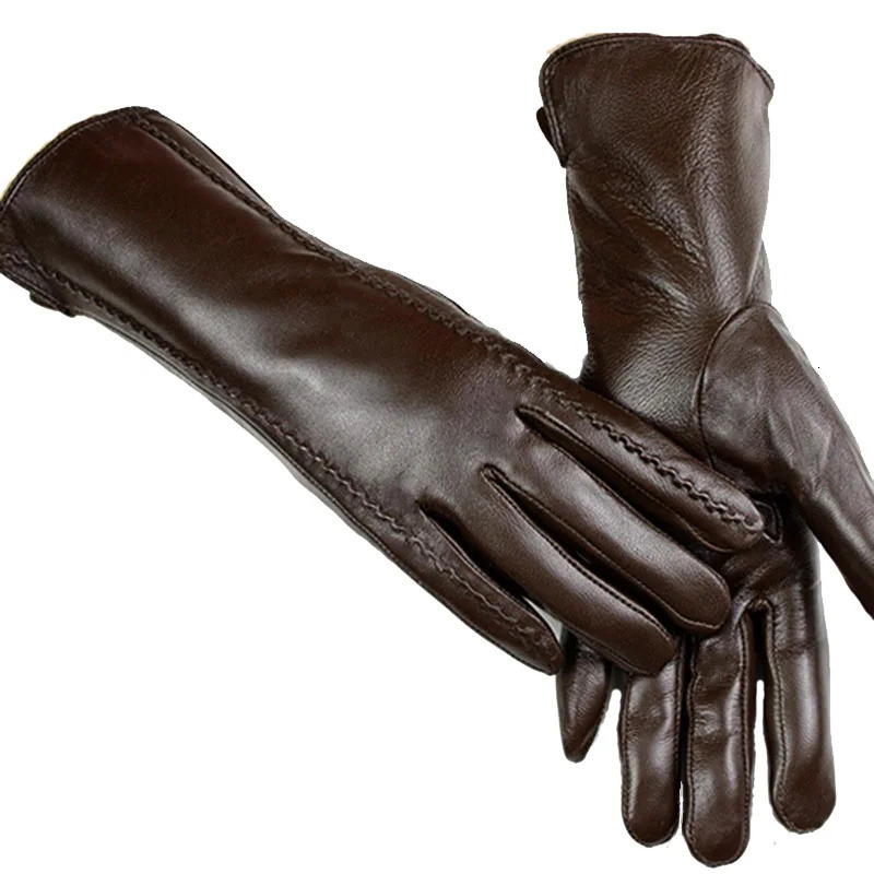 Leather Sheepskin Gloves Womens Mid-Length Stripes Plus Velvet Warm Autumn and Winter Windproof 241225