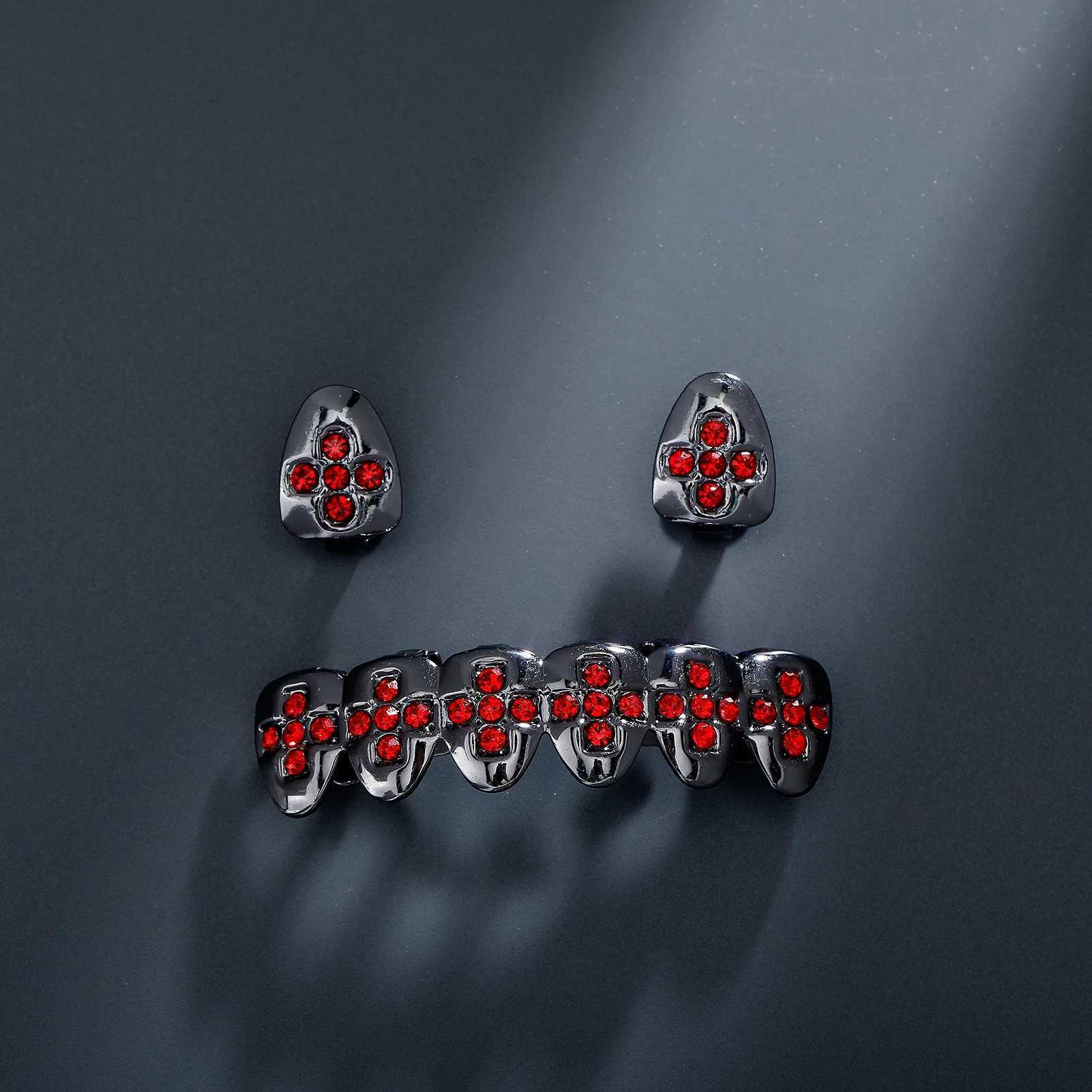 RACHELZ Dark Gothic Red CZ Stone Teeth Grillz Braces Black Color DIY Red Zircon Tooth Cs For Women Men Jewelry Dental GrillsXJ241225