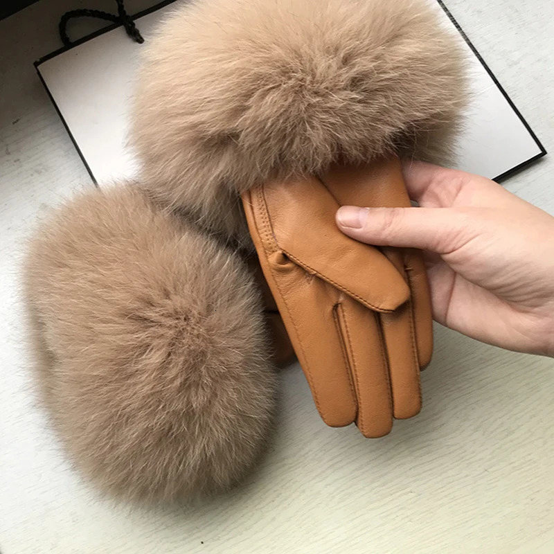 Chic Camel Color Real Big Fox Fur Womens Sheepskin Gloves Winter Plus Velvet Female Cycling Drive Warm Genuine Leather Gloves 241225