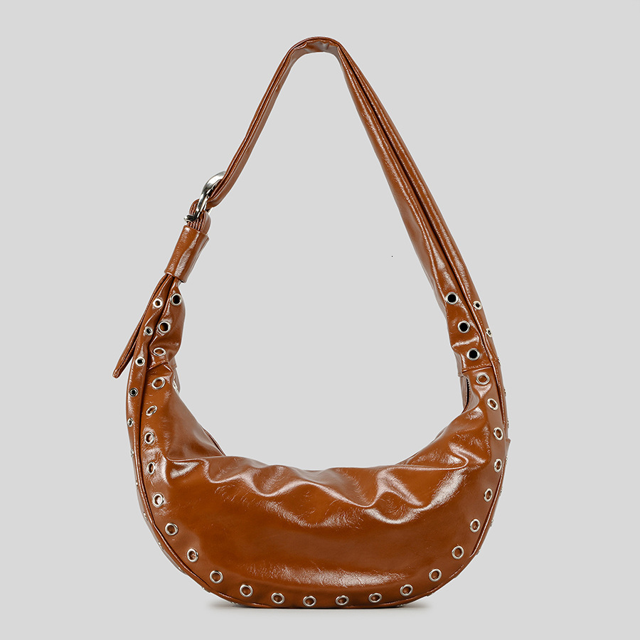 Fashion Rivet Half Moon Women Shoulder Bags Casual Hobos Handbags Retro Oil Wax Pu Leather Crossbody Trend Underarm Bag 2025