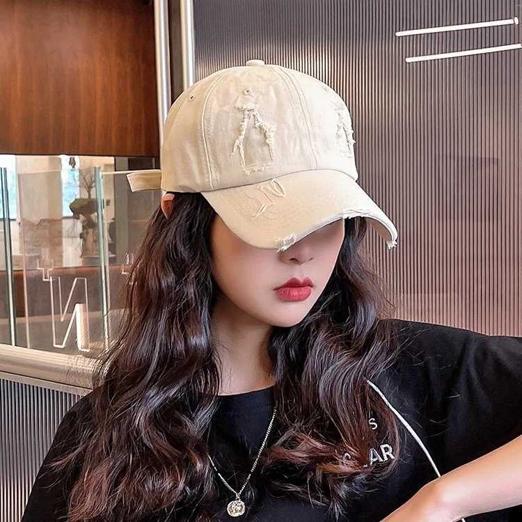 New Distressed Held Womens Baseball Hat Solid Color Pure Cotton Snap Cap Hip Hop Korean Punk Cotton Peaked Hat W241225