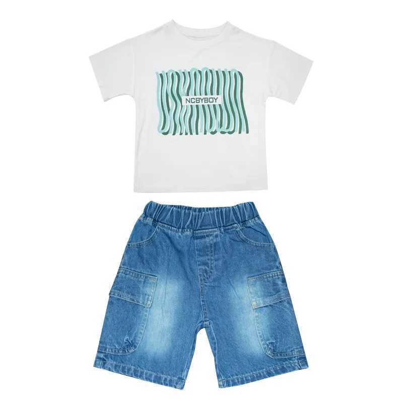 Clothing Sets Summer Children Boys Clothes Set Letter T-shirts and Print Denim Shorts Suit Teenage Fashion Short Sleeve Top Bottom OutfitsY241225CSLN
