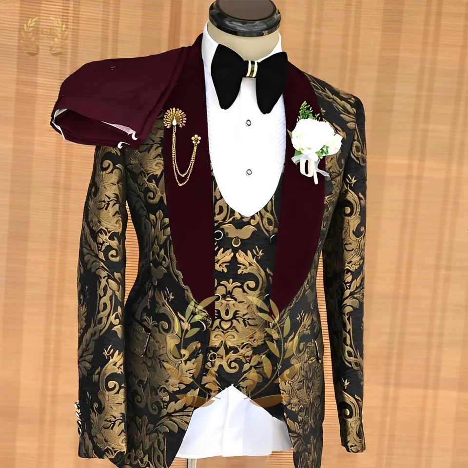 Mens Gold Jacquard Fashion Wedding SuitBlack Blazer Vest Pants 3 Piece SetGroom Party Formal Dress Custom Tuxedo 241225