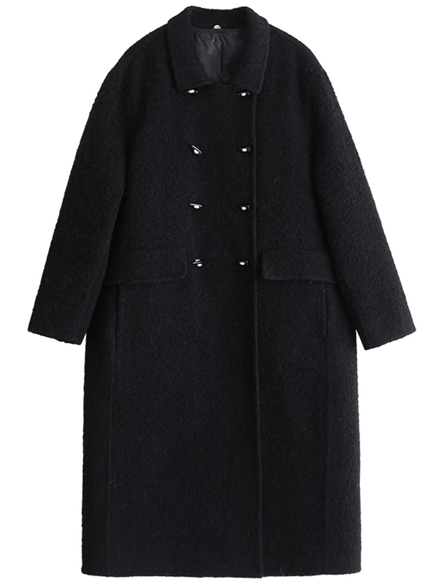 CHIC VEN Women Woolen Coats Solid Doublebreasted Loose Retro Polo Collar Wool Woman Long Ladies Coat Spring Autumn 2024 241225