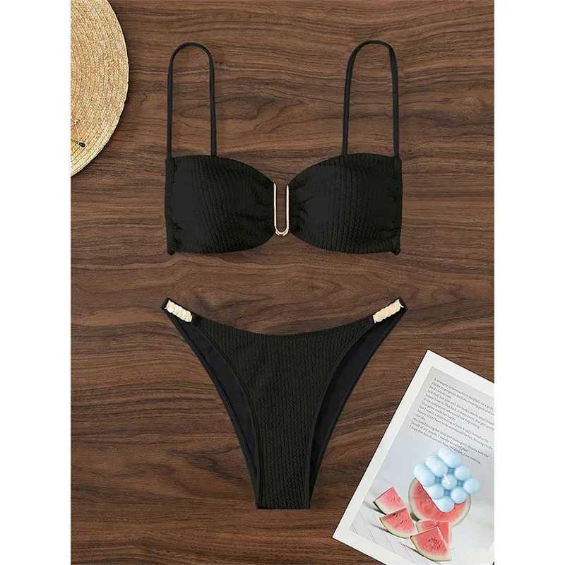 Sexy U-neck Bikini Set for Womens Pure White Black Push Up Folded Micro Swimsuit 2024 Brazilian Tailored Swimsuit thong SwimsuitW241225