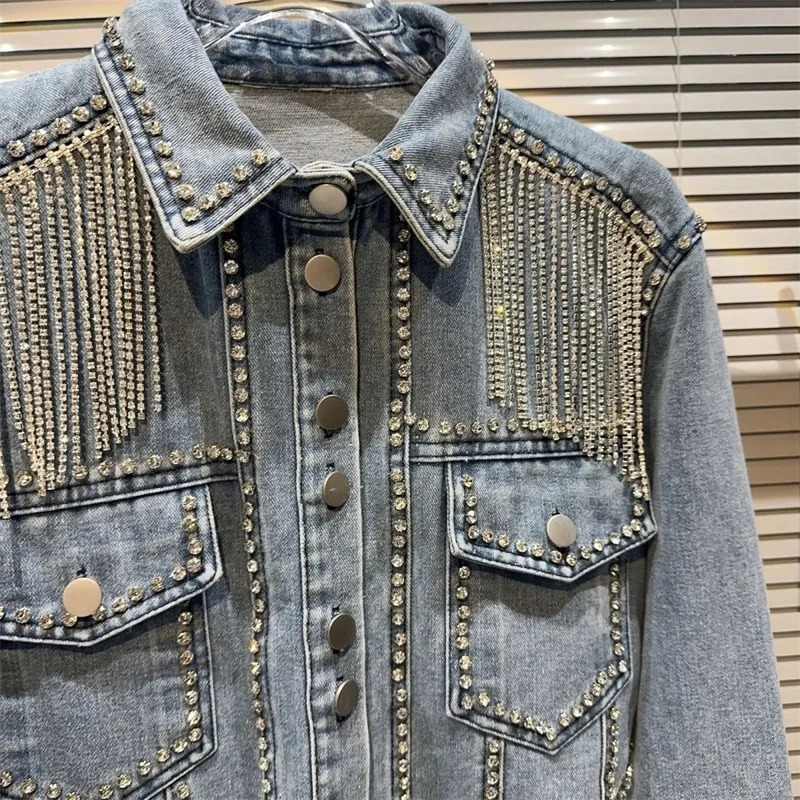 Streetwear Patchwork Denim Jacket Women Fashion Lapel Tassels Long Sleeve Loose Jean Coats Female Outerwear 241223