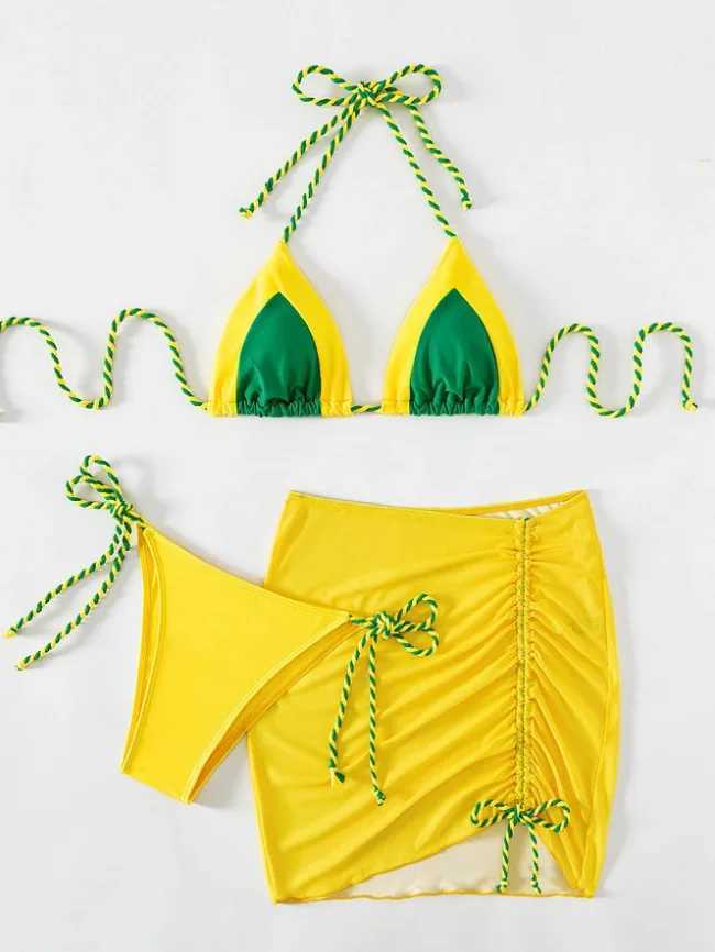 New 3-piece swimsuit womens thong swimsuit sexy striped bikini with sarong drag skiing beach swimsuit yellow greenW241225