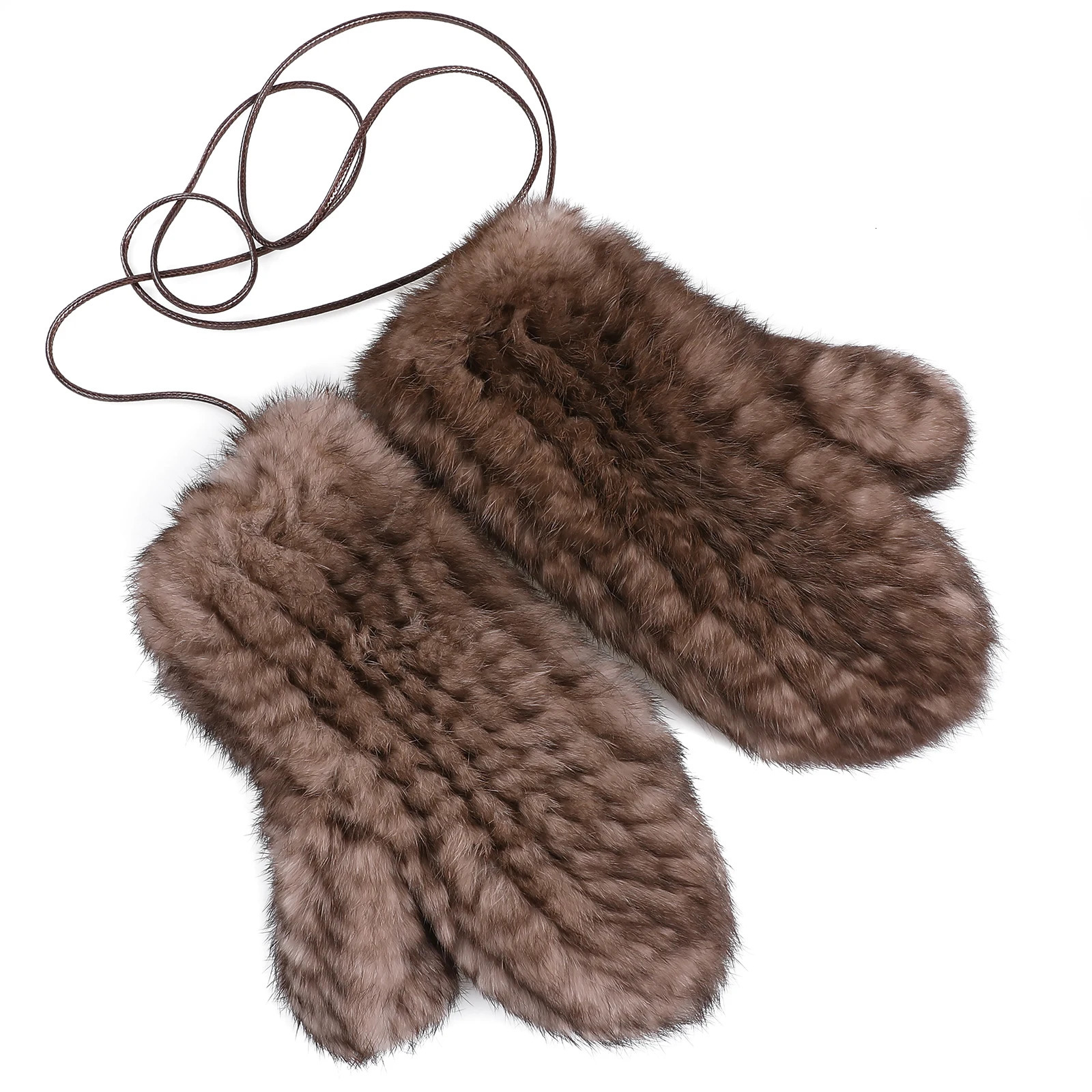 Womens Genuine Rabbit Fur Knitted Mittens-Soft Winter Cold Weather Gloves-Removable Rope String 241225