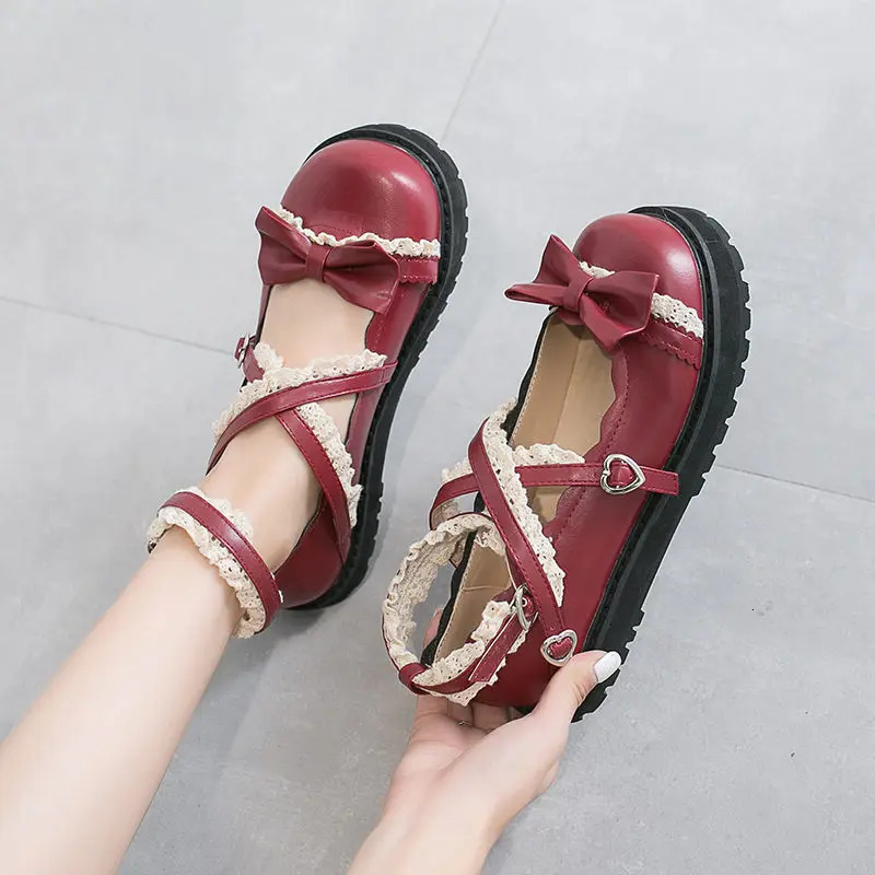 gothic lolita shoes Womens Kawaii red Cosplay shoes with bow Princess Shoes Students girls Lovely Cross Straps Mary Jane Shoes 241225