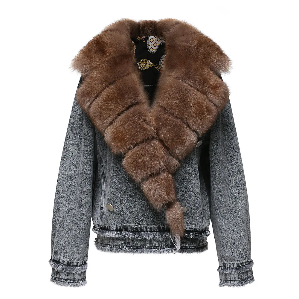 Women Real Fur Jean Coats Fashion Lady Clothes Fox Fur Collar Denim Jackets Streetwear Female Overcoat S3606 241220