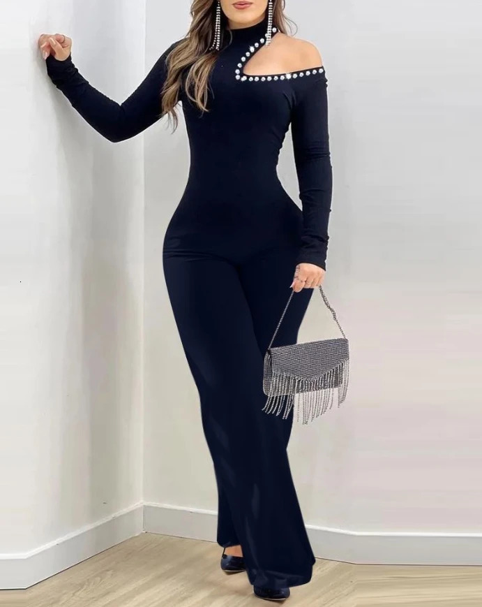 Jumpsuit Women Spring Fashion Rhinestone Cold Shoulder High Neck Long Jumpsuit Long Sleeve Slim Fit Flared Jumpsuit 241224