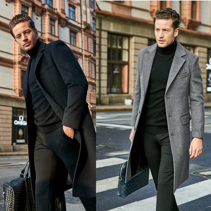 Winter Jakcets Man Long Business Casual Mans Jacket Warm Tweed Coat Lined Single Breasted Male Clothes 241225