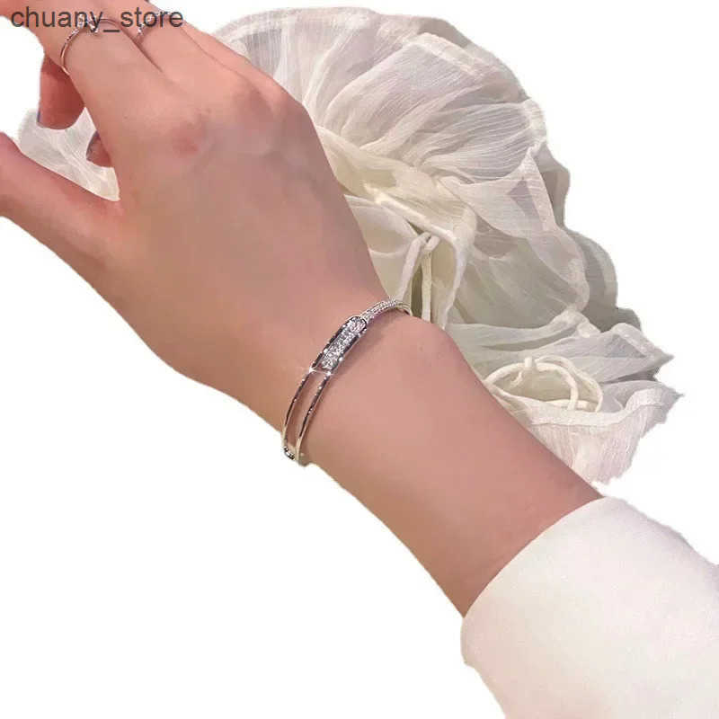 Chain Silver Color Micro Zircon Open Bangle for Women 2024 Korean Simple Design Hollow Versatile Wedding Jewelry Party Gifts L240910
