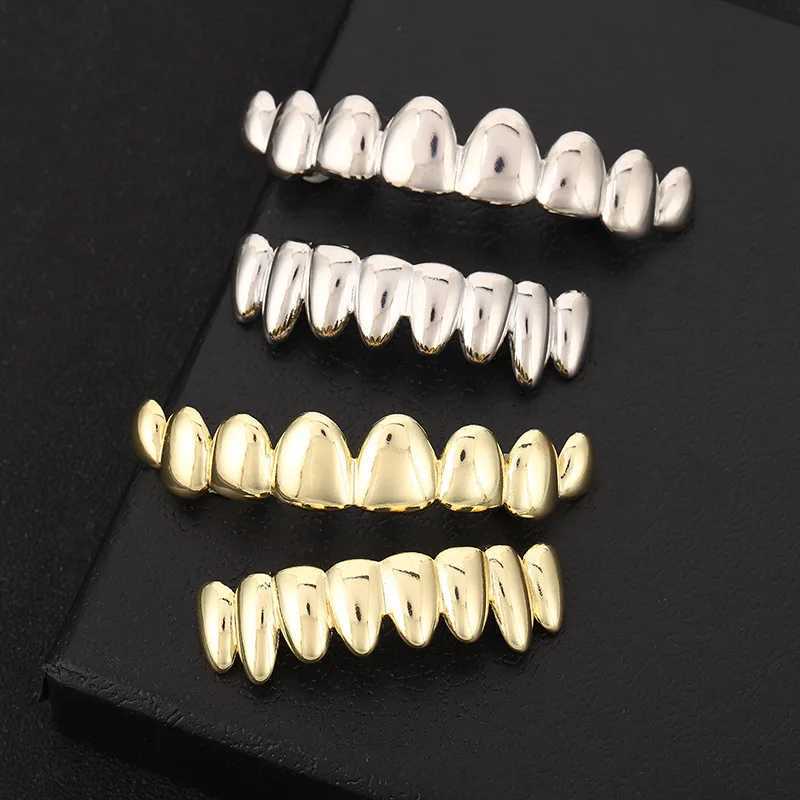 Gold Silver Plated Irregular HIP HOP Teeth Grillz Top Bottom Grills Set With sile Real Shiny Vampire Tooth SetsXJ241225