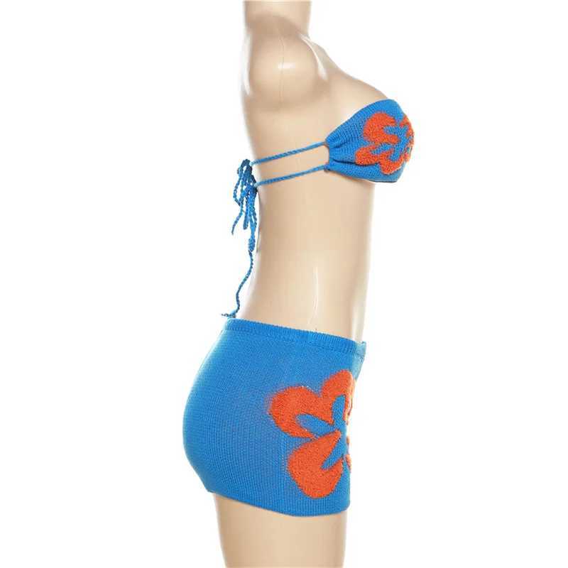 Sexy Knitted Crochet 2-piece Flower Strap Bra Crop Top 2-piece Set Beach Style Bikini Summer Womens SwimsuitW241225