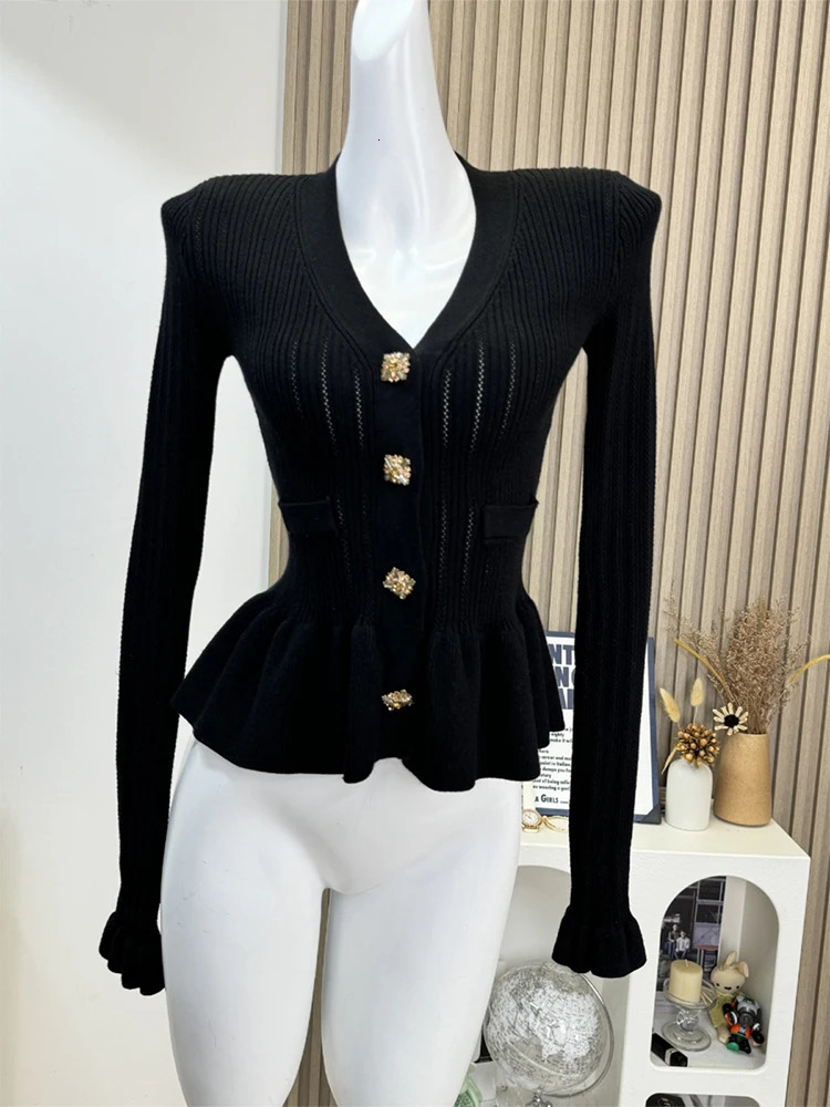 Autumn Winter Woman French Vintage Old Money Cardigan Solid Color n Ruffle Sweater Long Sleeve Pullovers Knitwear Aesthetic 241225