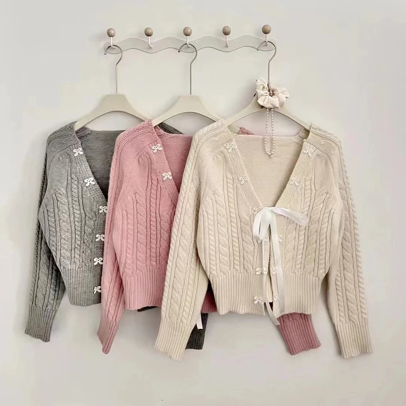 Sweet Bow Knit Cardigan Womens Fall Retro Niche n Sweater Jacket Tops 241225