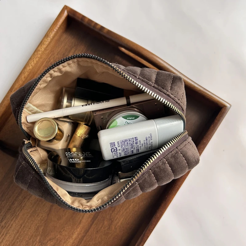 Soft Velvet Makeup Bag Cosmetics Zipper Stitching Striped Storage Bag Retro Portable Mini Toiletries Organizer 250221