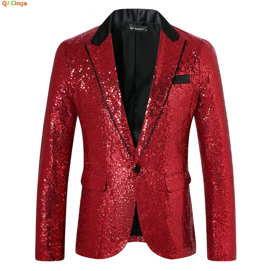 Red Mens Shiny Sequins BlazerWedding Party Dress CoatsWhite Purple Green Silver Suit Jacket European Size SXXL 241225