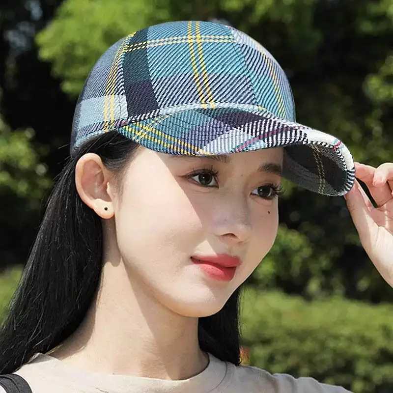 New unisex checkered striped retro baseball cap outdoor sunny casual breathable classic leather hat retro fashion trend W241225