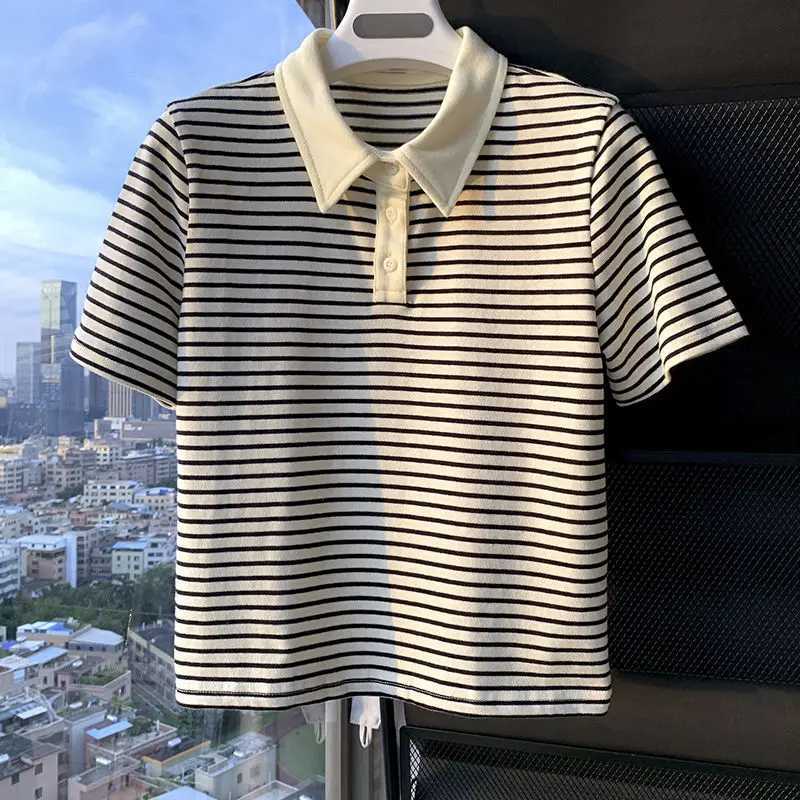 Fashion Simple Casual Versatile Men Polo Shirts Summer New Short Sleeve Lapel Button Contrasting Striped Slim Breathable TopsXJ241225