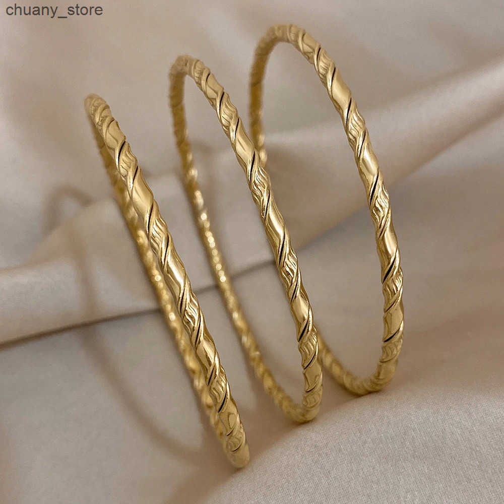 Chain 3pcs Gold Color Twist Stainless Steel Bangle Chic Classic Tibetan Buddha Golden Stacked Bangles For Women L240910