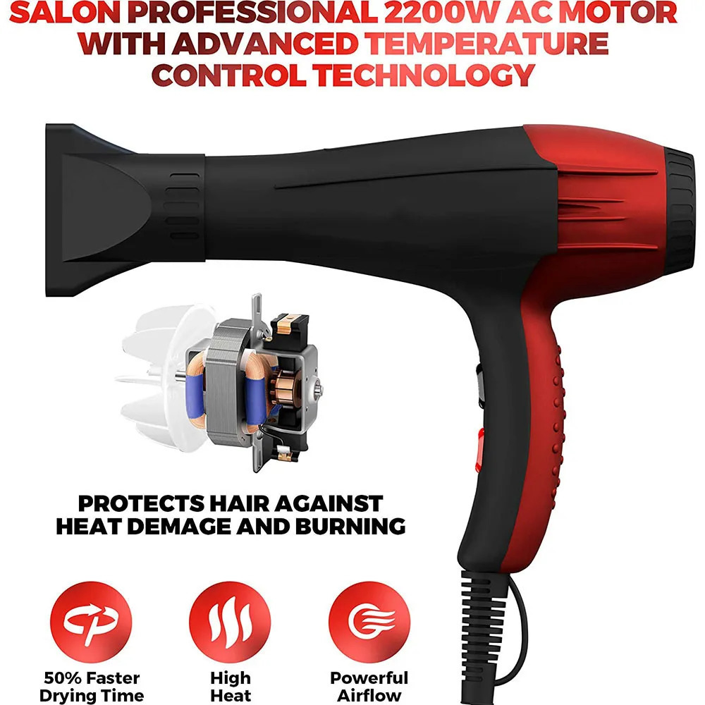 Professional Ionic Salon Hair Dryer 2200W Powerful AC Motor Ion Blow Dryer Quiet Hairdryers with 2 Concentrator Nozzle Black/Red 241225