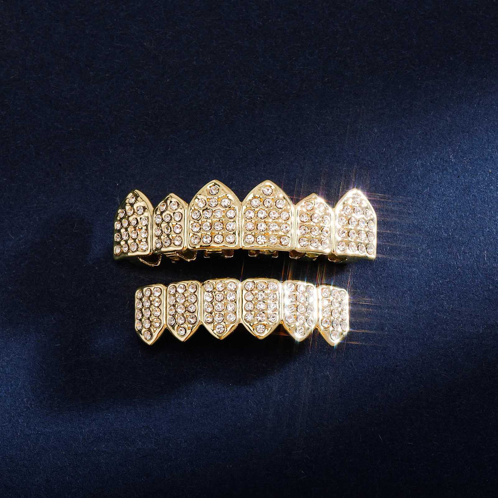YOUNGX Hip Hop 6/6 Czech Zircon Teeth Grillz Fangs 14K Gold Plated CZ Stone Tooth Cs For Women Men Jewelry GiftXJ241225