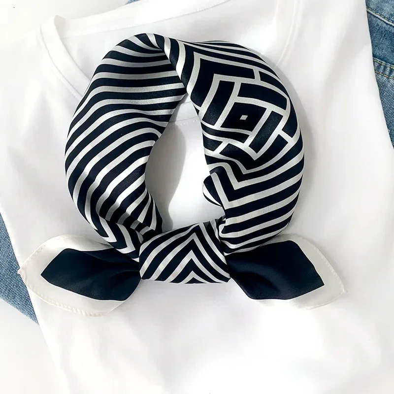 Black White Striped Neck Scarf Woman faux Natural Silk Bandana Foulard Femme Soft Small Square Neckerchief SD0085 241225